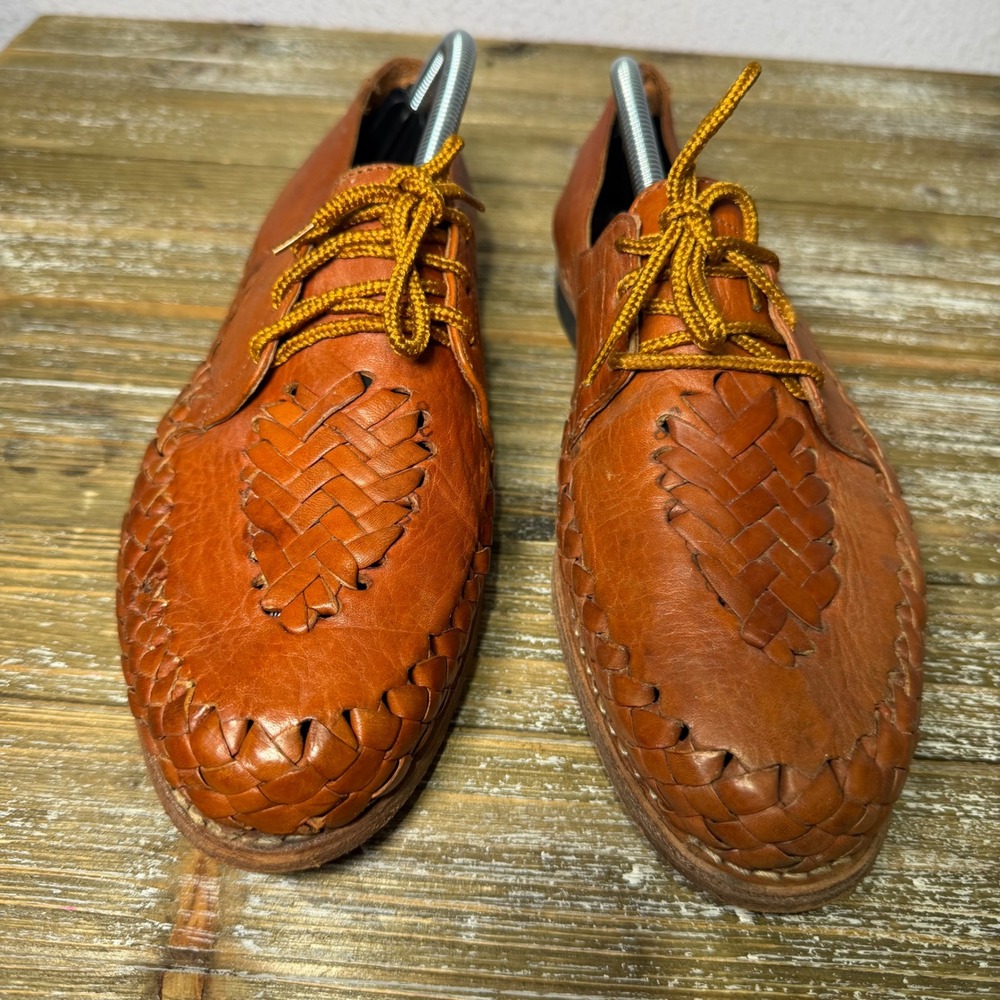 Vintage Rios Crafts Brown Leather Woven Huarache Lace Up Oxfords Shoe Mexico 9 - Picture 2 of 10